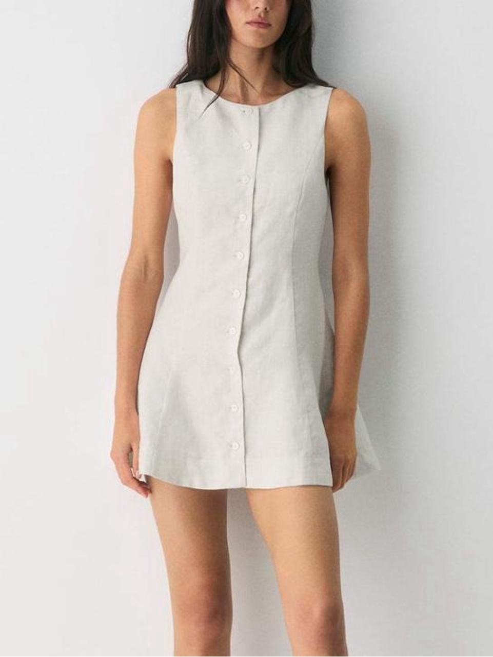 Aritzia Tisane Linen Dress, Light Tan Button-Up Linen Mini Dress With Stripes.